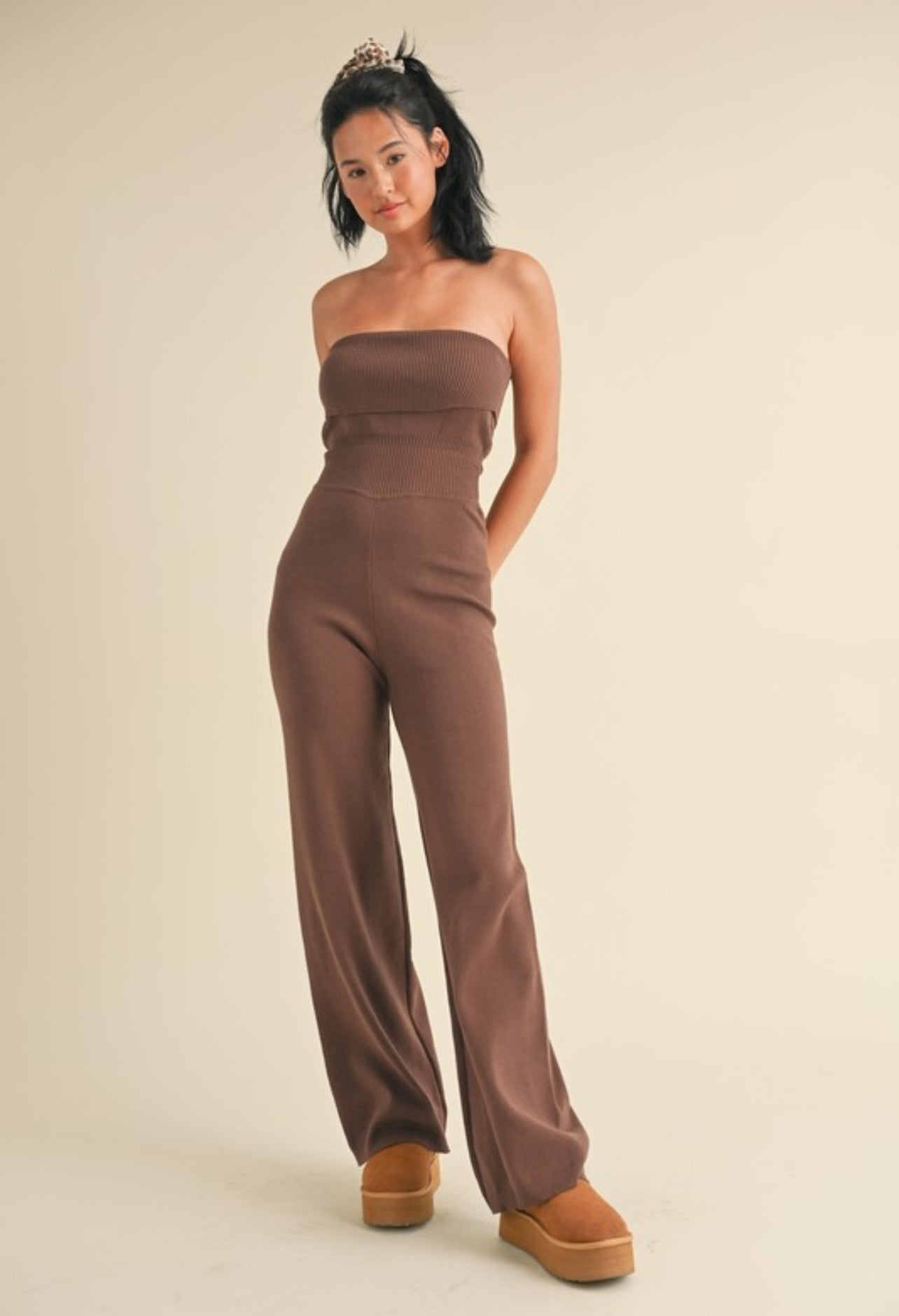 Foldover bandeau knit sweater jumpsuit