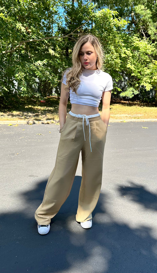 Contrast waist wide leg pants