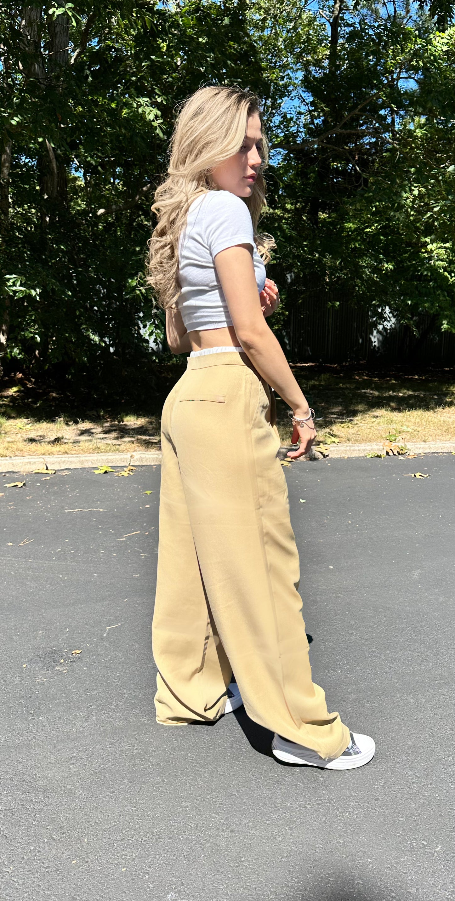 Contrast waist wide leg pants