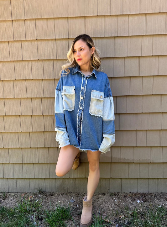 Color block frayed patchwork oversize denim jacket