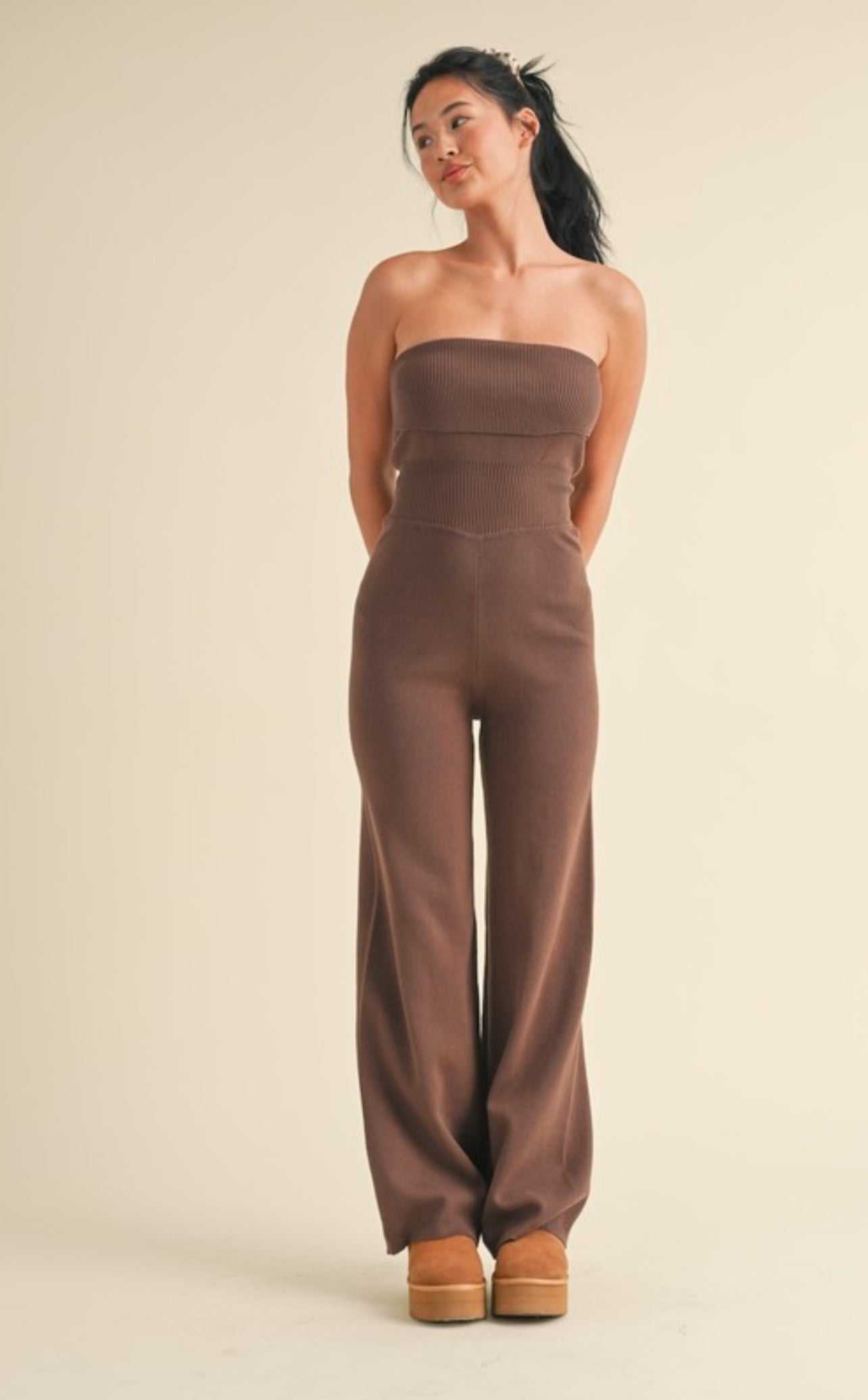 Foldover bandeau knit sweater jumpsuit